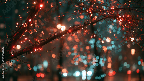 Christmas tree branches string lights night city bokeh blurred festive holiday warm decoration urban street