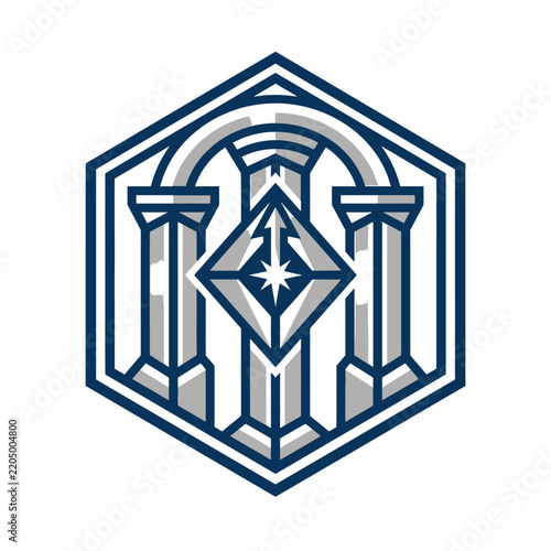Geometric Emblem with Columns and Star Symbol Isolated Logo Design
