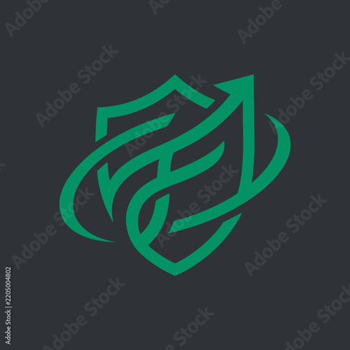 Green shield emblem with upward arrow and swirling lines representing security growth and protection
