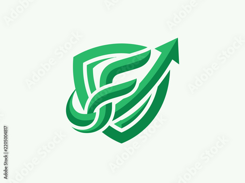 Green shield logo with upward arrow representing growth security and progress Isolated on transparent