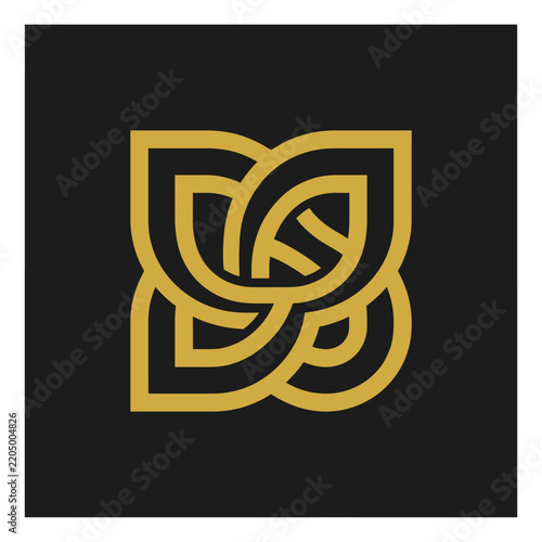 Geometric Floral Logo Symbol Abstract Intertwined Leaves Gold Line Art on Transparent Background
