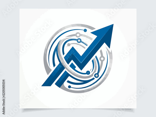 Blue arrow graph rising up with circuits and swirl effect isolated on transparent background