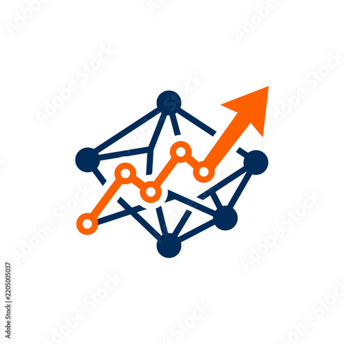 Abstract network graph with rising orange arrow data analysis and growth concept