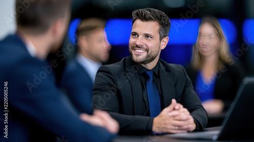 Professional man smiling during business meeting discussion