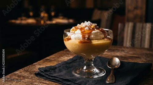Caramel pudding dessert in a glass bowl topped with whipped cream and nuts served on a wooden table in a restaurant