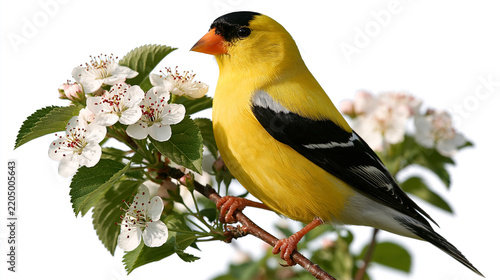 American goldfinch bird perched on a blooming fruit tree branch with white flowers