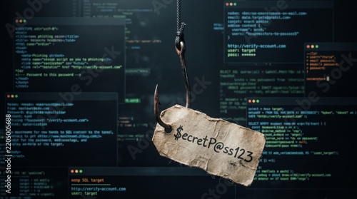 Fishing hook catching a paper tag with a password against a dark background of computer programming code