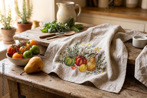 Embroidered linen kitchen towel with cross stitch tomatoes, pears and herbs in a farmhouse kitchen still life for handmade textile and culinary lifestyle concept