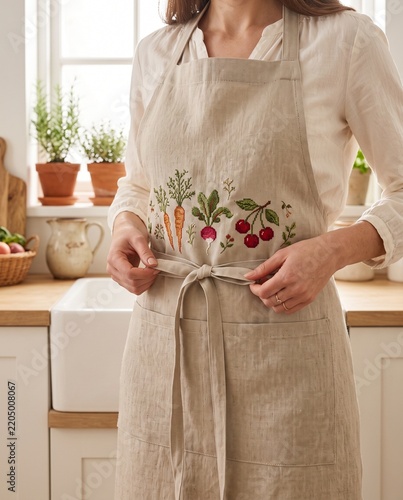 Linen kitchen apron with cross stitch vegetable embroidery worn during food preparation in a cozy home kitchen for handmade textile and cooking lifestyle concept