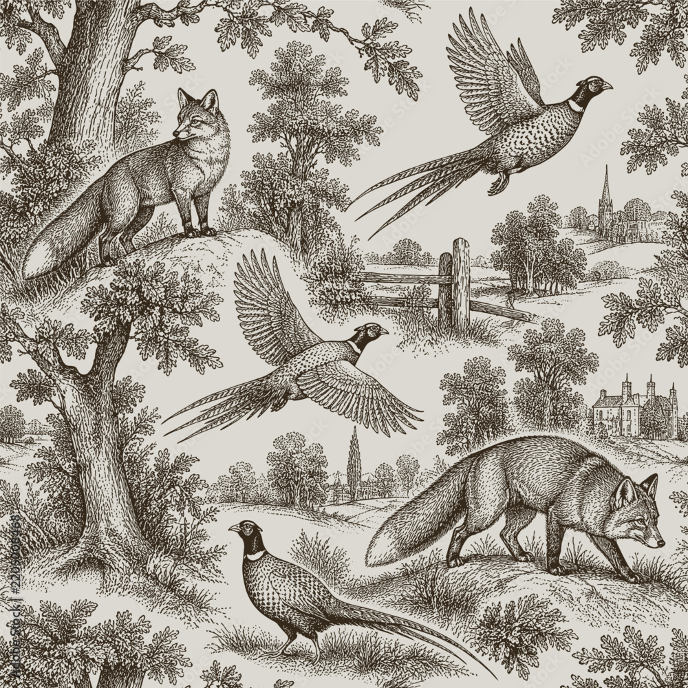 Fototapeta premium Seamless vector pattern with foxes and pheasants. Vintage traditional European hunting motifs style illustration.