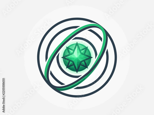 Abstract green geometric compass icon with orbiting rings isolated on transparent background