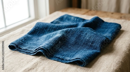 Deep Indigo Blue Woven Linen Fabric Folded Casually on a Rustic Wooden Table Surface