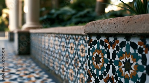 A close up view of ornate mosaic tiles on a stone wall  featuring geometric patterns in earthy tones  with blurred greenery and columns in the