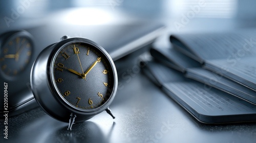 Retro alarm clock and notebook on reflective surface