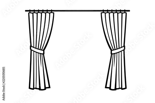 Open Curtains On Rod Interior Vector Icon - Black and White Drapery Graphic Illustration