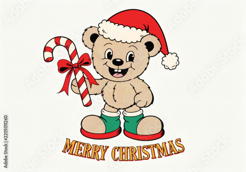 Teddy bear in Christmas outfit holding candy cane with Merry Christmas text below