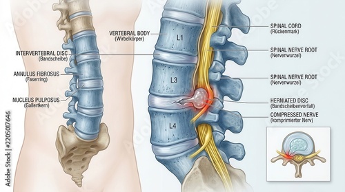 Obraz na płótnie Lumbar Herniated Disc Anatomy Illustration Sciatica Pain and Nerve Compression
