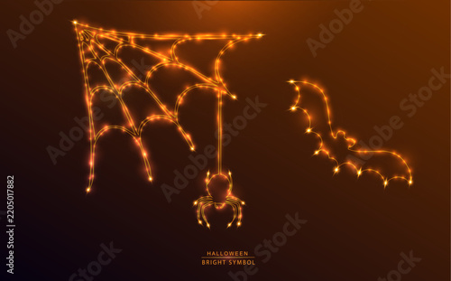 Glowing neon Halloween vector design featuring a bright spider web, spider, and bat on dark background. Perfect for spooky party invitations and seasonal starry banners.