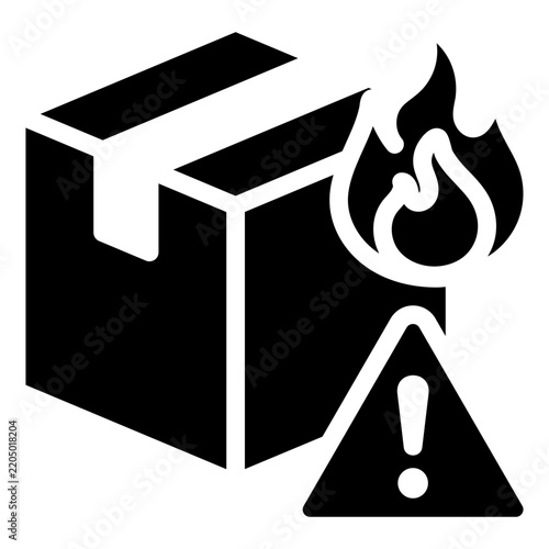 Damaged shipment icon showing a cardboard delivery box on fire with a hazard warning triangle sign, representing broken parcel, dangerous goods, shipping accident, and logistic insurance claim.