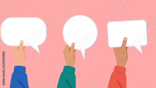 Three Hands Holding Blank Speech Bubbles on Pink Background