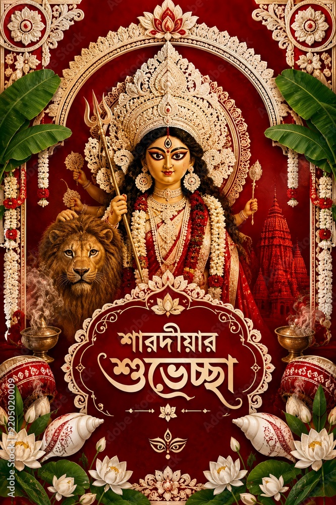 Fototapeta premium Bengali Heritage Durga Puja Poster with Traditional Cultural Motifs.