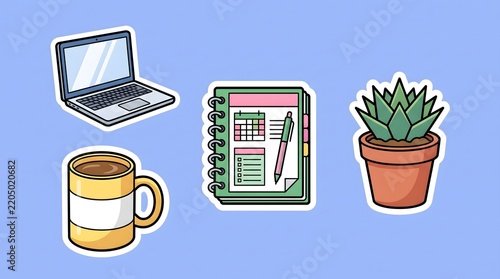 Set of cute office and work from home cartoon style stickers