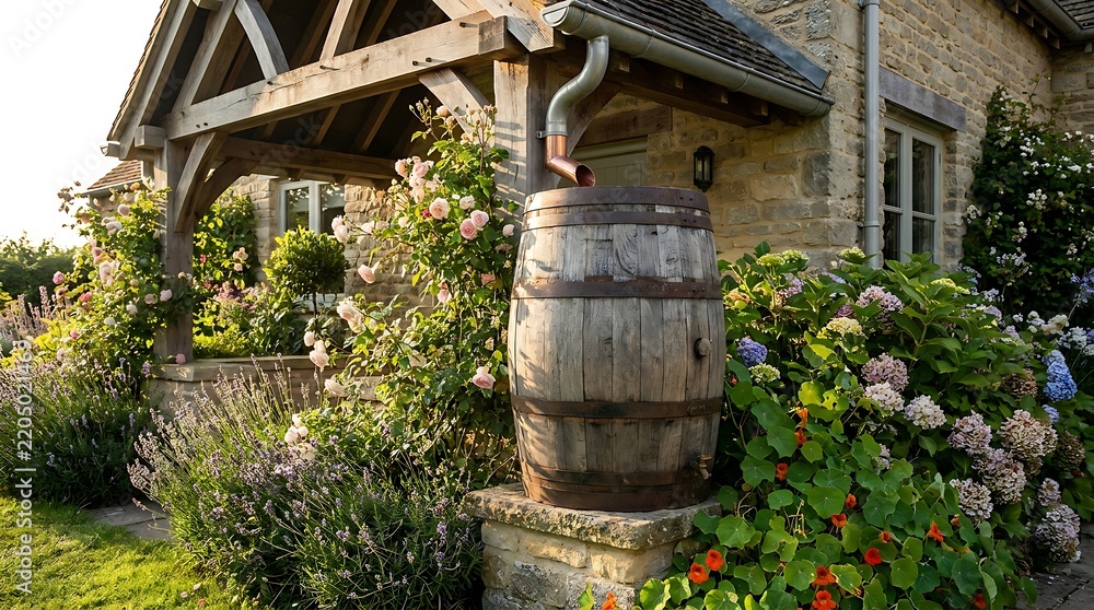 Obraz premium Wooden rain barrel collecting water from a house roof gutter in a beautiful lush green garden backyard. rain barrel setup