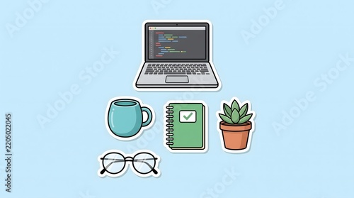 Illustrative Sticker Pack: Modern Programmer's Workspace with Laptop, Code, Coffee, and Productivity Tools.