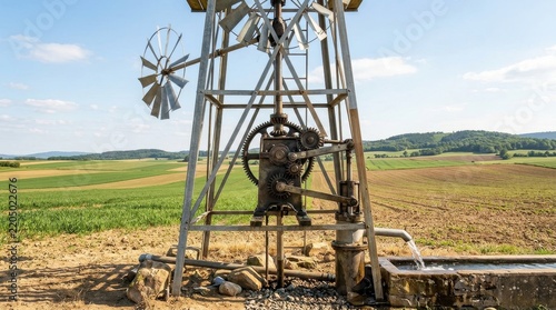 Vintage metal windmill and water pump standing in a picturesque rural landscape under a clear blue sky