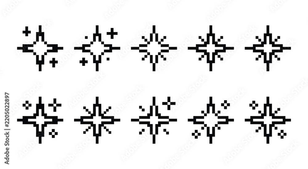 Obraz premium Pixel sparkle and star icon collection. Black shining symbols with geometric shapes for decoration, fantasy, magic, gaming, interface elements, and graphic design.