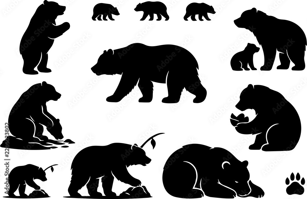 Fototapeta premium Bear Silhouette Standing Wild Animal Isolated Black Shape Nature Illustration
