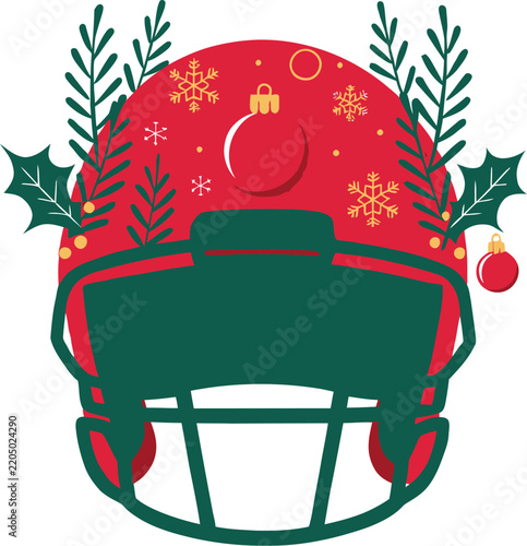 American football helmet with festive Christmas ornaments and winter foliage