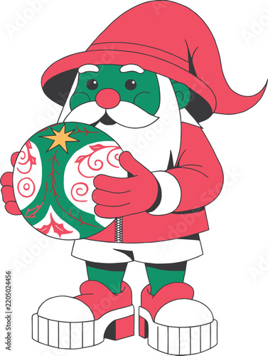 Christmas elf holding festive ball with winter hat and suit during holiday season