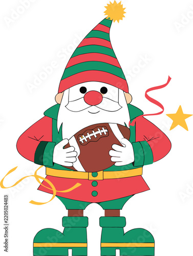 Christmas Elf Holding American Football with Festive Streamers and Star