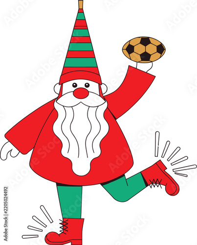 Christmas elf with soccer ball and festive boots during winter celebration