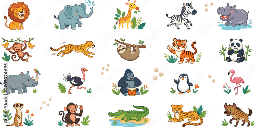 Obraz premium Cute Cartoon Safari and Wild Zoo Animals Flat Vector Icon Set Featuring Lion Elephant Giraffe Tiger and Monkey for Kids Nursery Room Graphic Designs