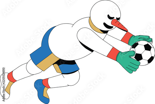 Snowman goalie in sports uniform diving for soccer ball during winter sport concept
