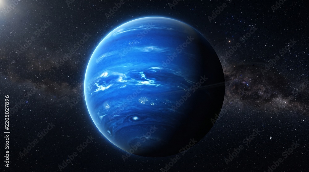 Fototapeta premium Neptune planet space photo. Deep blue gas giant with swirling white clouds and dark storms. Lit by distant sun against starry background and Milky Way galaxy. Digital 3D rendering art