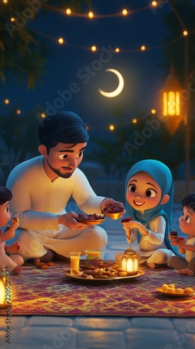 Family sharing food under ramadan lights