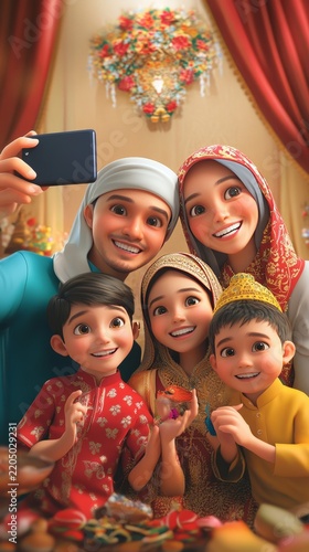 Happy muslim family taking selfie together during eid celebration