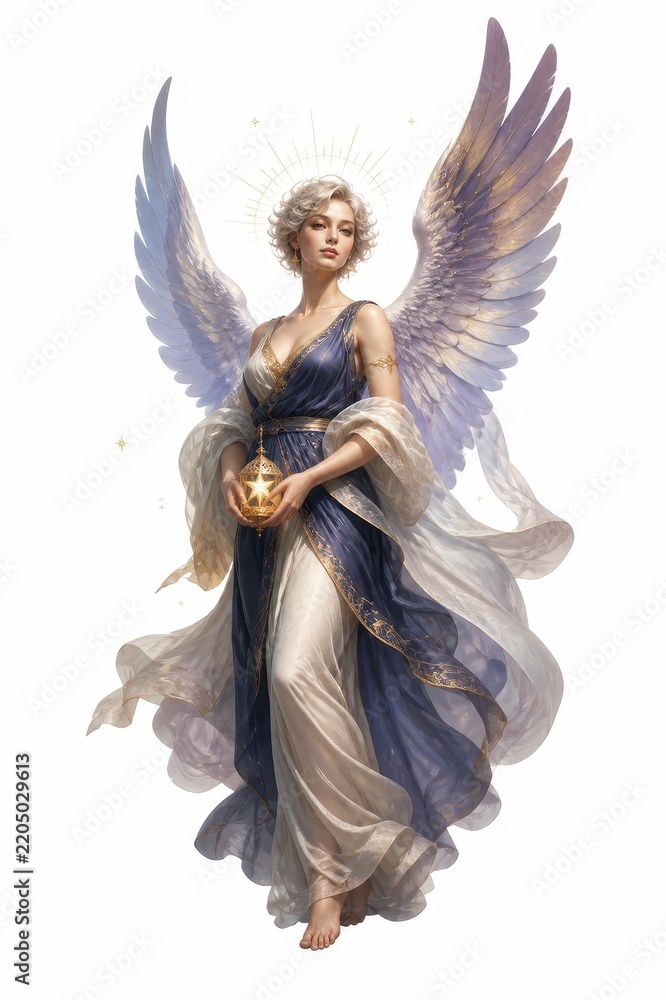 Obraz premium Elegant angel woman with wings holding glowing lantern