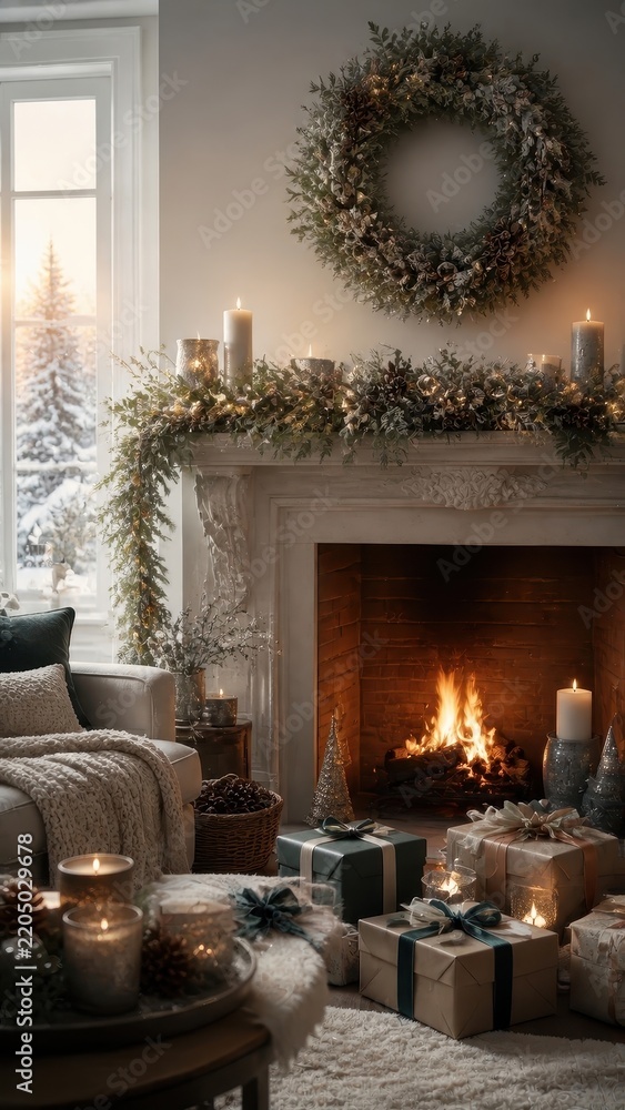 Obraz premium Cozy festive living room with fireplace, wreath, gifts, mobile wallpaper