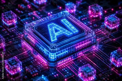AI microchip, futuristic circuit, glowing neon, digital technology, innovation, blue pink