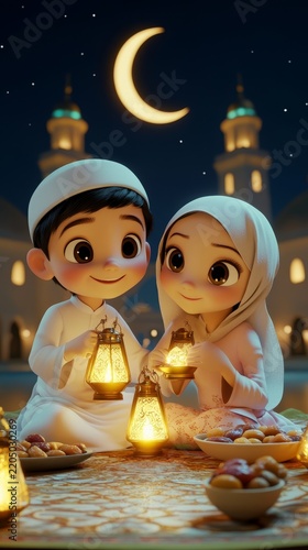 Muslim boy and girl celebrating ramadan together under crescent moon