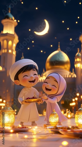 Muslim boy and girl decorating mosque at night