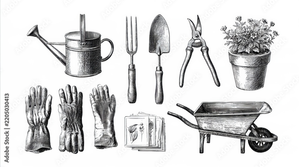 Fototapeta premium Collection of garden tools shown with watering can, gloves, trowel, pruning shears, flower pot, and wheelbarrow in hand drawn style
