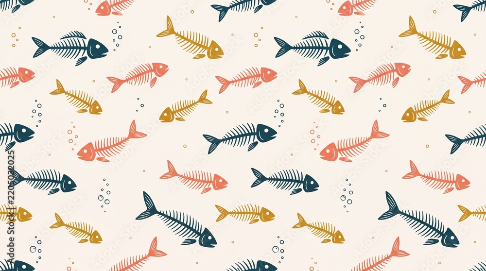 Fototapeta premium Colorful fish skeleton seamless pattern on beige background
