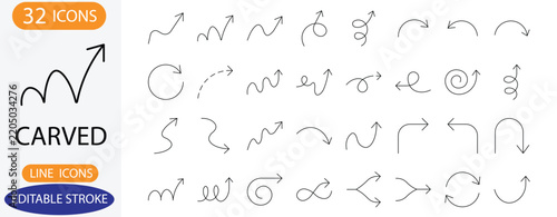 Curved Arrow Line Icons Set – Loop, Spiral, Wave, Hook and Direction Editable Stroke Vector Collection