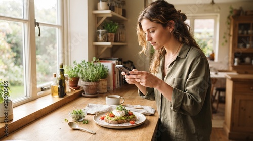 Woman photographing healthy avocado toast with poached egg on smartphone in kitchen