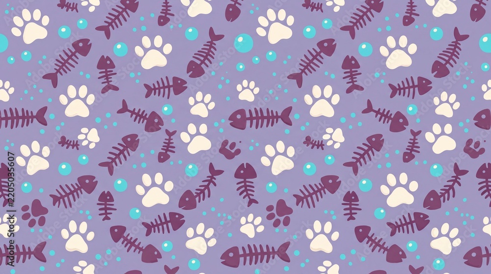 Fototapeta premium Seamless pattern with cat paw prints and fish bones on purple background